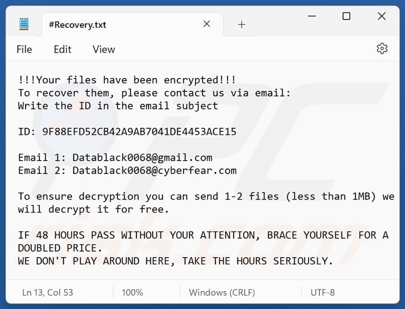 Datablack ransomware okup (#Recovery.txt)