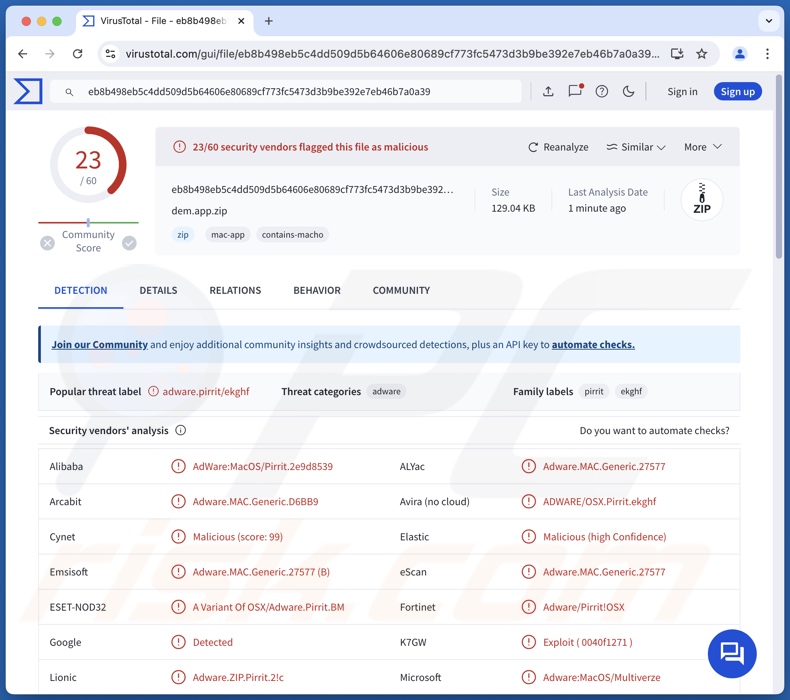 Dem.app adware wykrycia w serwisie VirusTotal