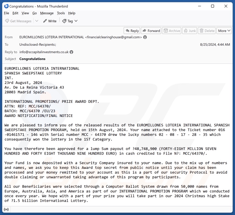 EUROMILLONES LOTERIA INTERNATIONAL Kampania spamowa e-mail