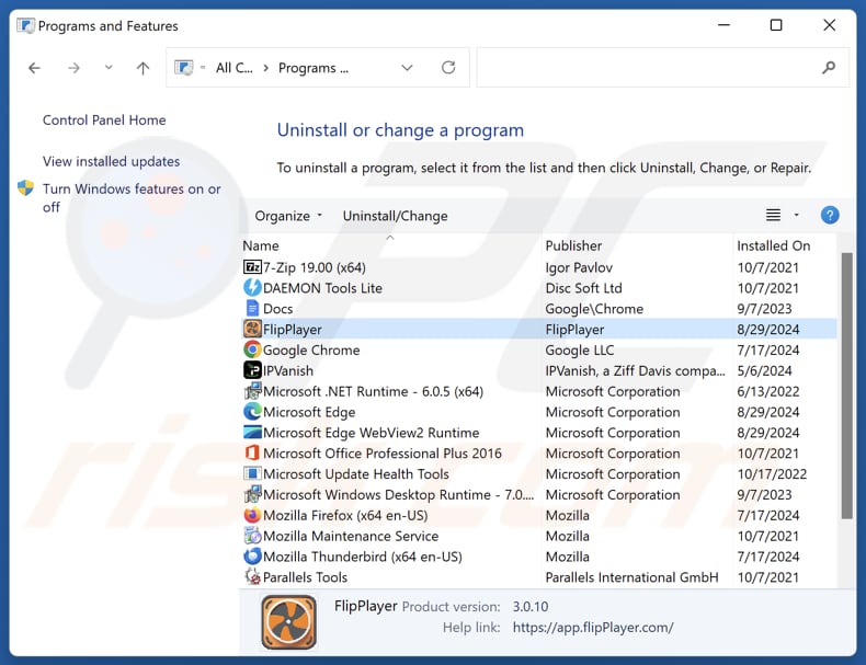 Odinstalowanie FlipPlayer za pomocą Panelu sterowania
