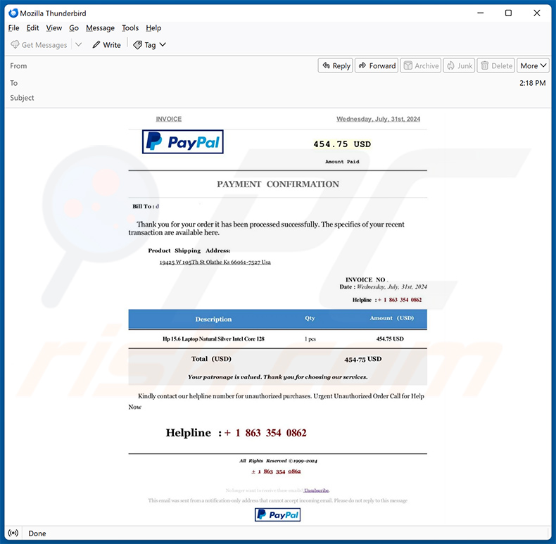 PayPal Order Confirmation email oszustwo (2024-08-06)