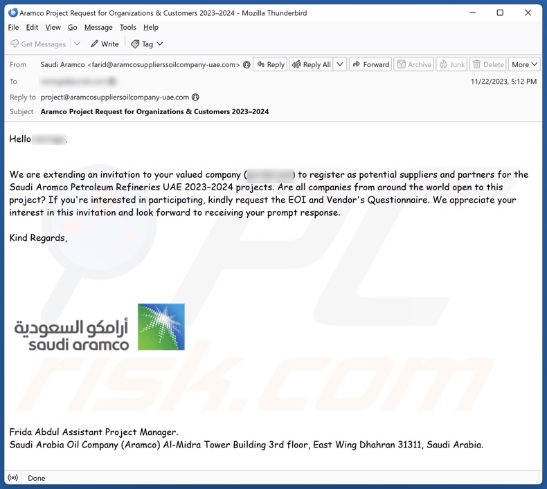 Saudi Aramco wariant oszukańczej wiadomości e-mail 1