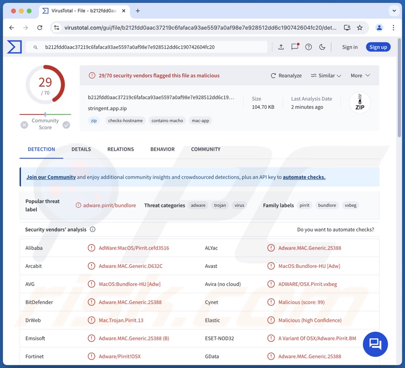 Stringent.app Wykrycia adware w serwisie VirusTotal