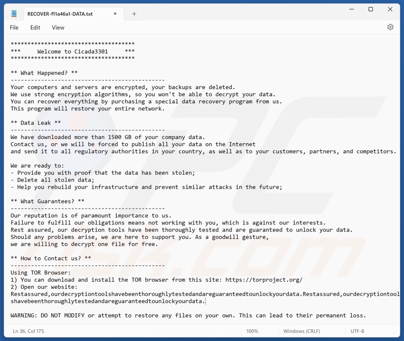 Cicada 3301 ransomware okup (RESTORE-[file_extension]-DATA.txt)