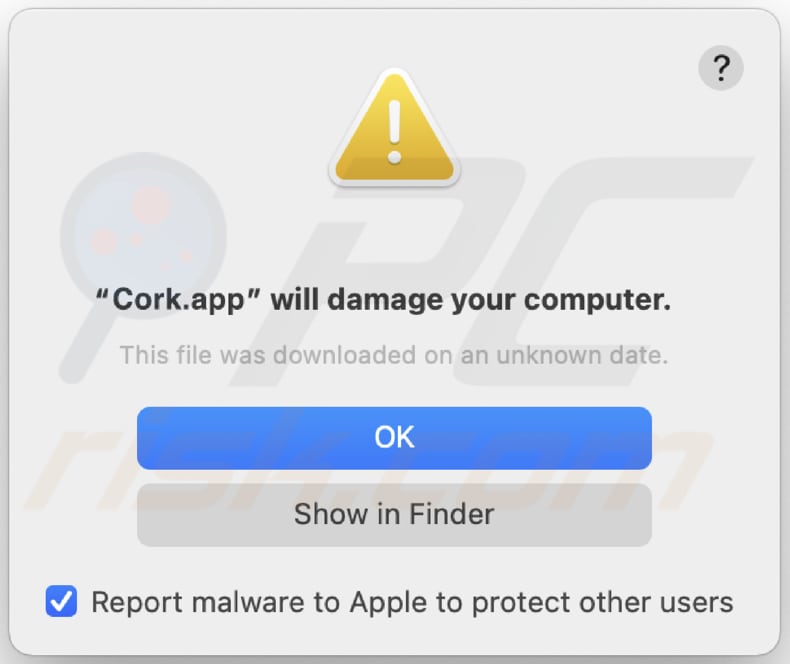 Ostrzeżenie o adware Cork.app