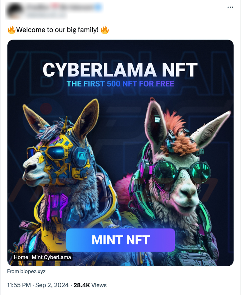 X (Twitter) post promujący oszustwo CyberLama Mint