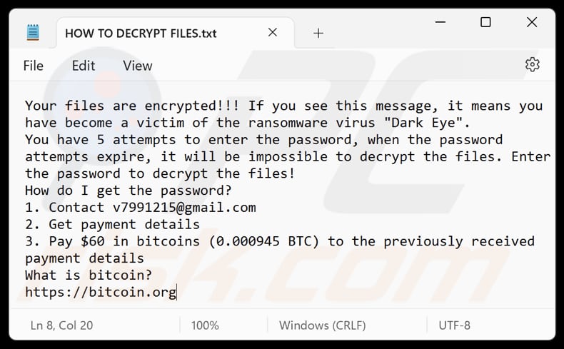 Dark Eye ransomware plik tekstowy (HOW TO DECRYPT FILES.txt)