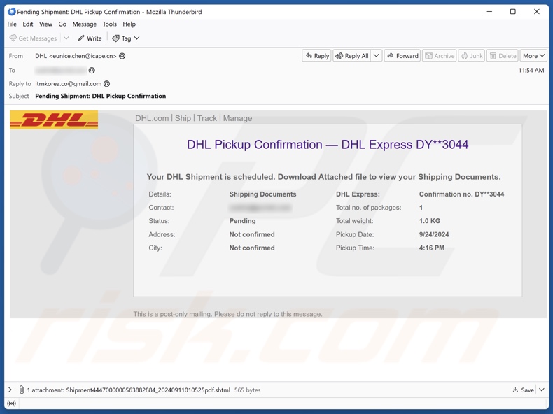 DHL Pickup Confirmation Kampania spamowa e-mail