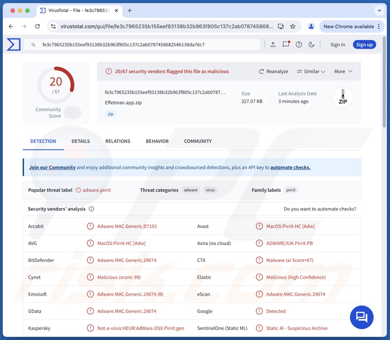 Wykrycia adware Effetman.app w serwisie VirusTotal