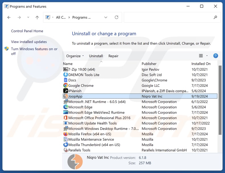 Odinstalowanie JoopApp za pomocą Panelu sterowania