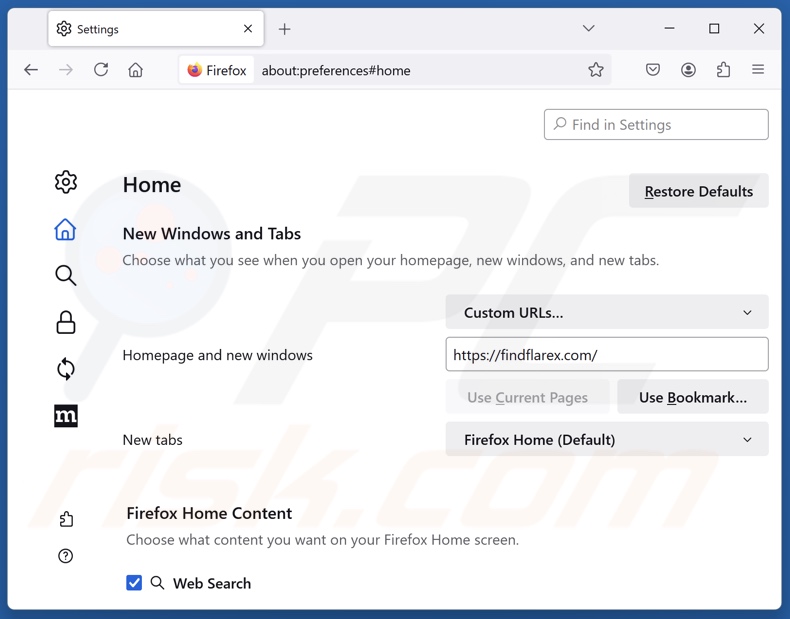 Usuwanie findflarex.com ze strony głównej Mozilla Firefox
