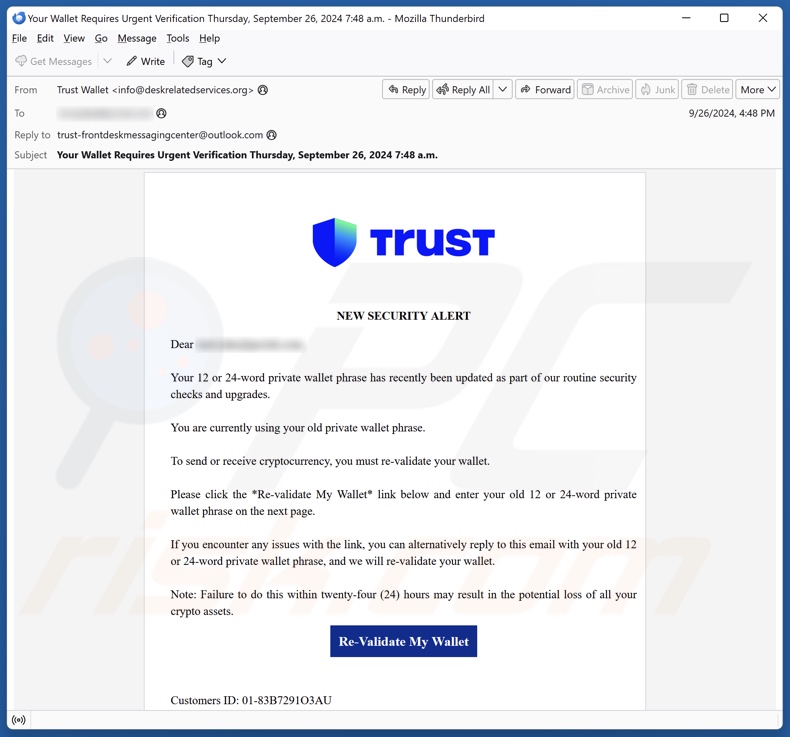 Trust Wallet - New Security Alert Kampania spamowa e-mail