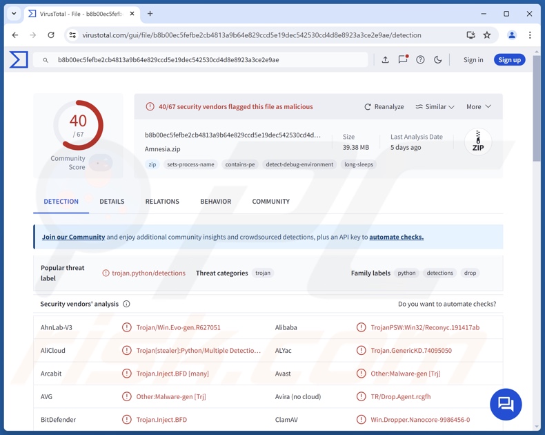 Amnesia wykrycia złośliwego oprogramowania w serwisie VirusTotal