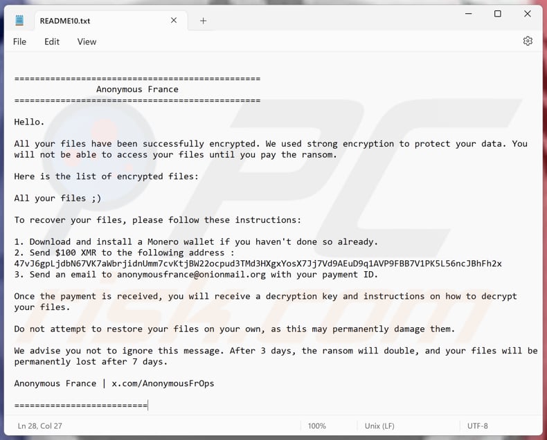 Anonymous France ransomware plik tekstowy (README1.txt - README10.txt)
