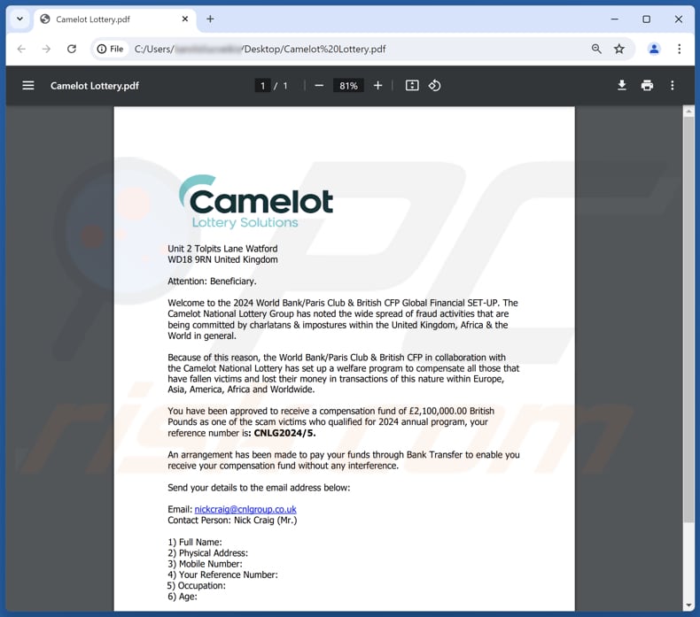 Camelot Lottery Solutions Kampania spamowa e-mail