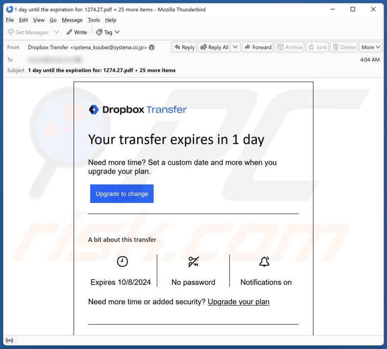 Dropbox - Your Transfer Expires Kampania spamowa e-mail