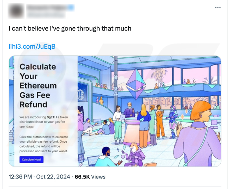 X (Twitter) post promujący stronę internetową Ethereum Gas Fee Refunds drainer (ethereum-org.dex-dd[.]com)