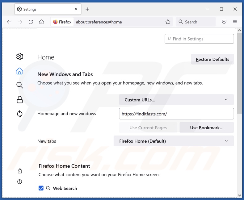 Usuwanie finditfasts.com ze strony głównej Mozilla Firefox