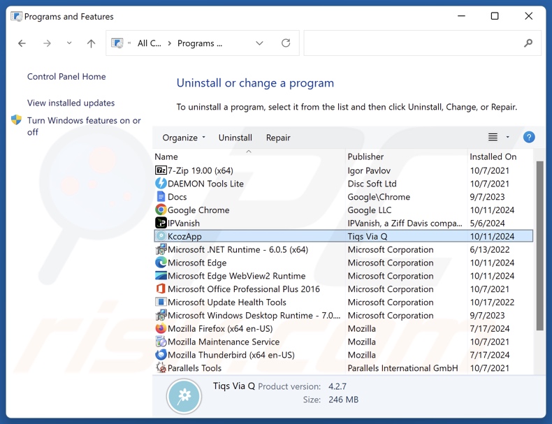 KcozApp Odinstaluj za pomocą Panelu sterowania
