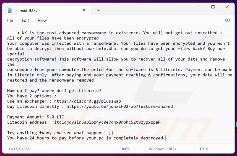 NK ransomware okup (read_it.txt)
