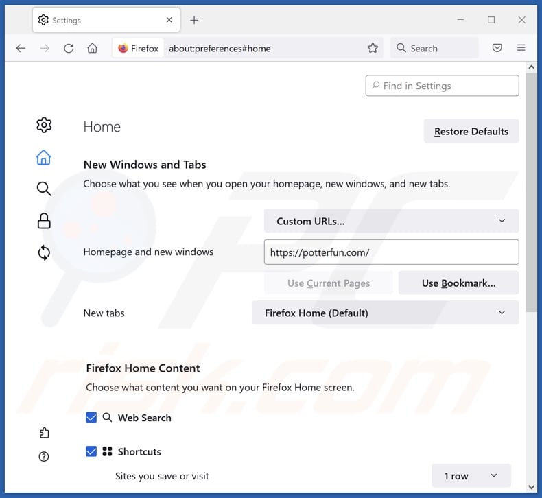 Usuwanie potterfun.com ze strony głównej Mozilla Firefox