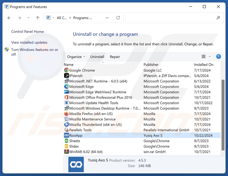RoxiApp Odinstaluj za pomocą Panelu sterowania