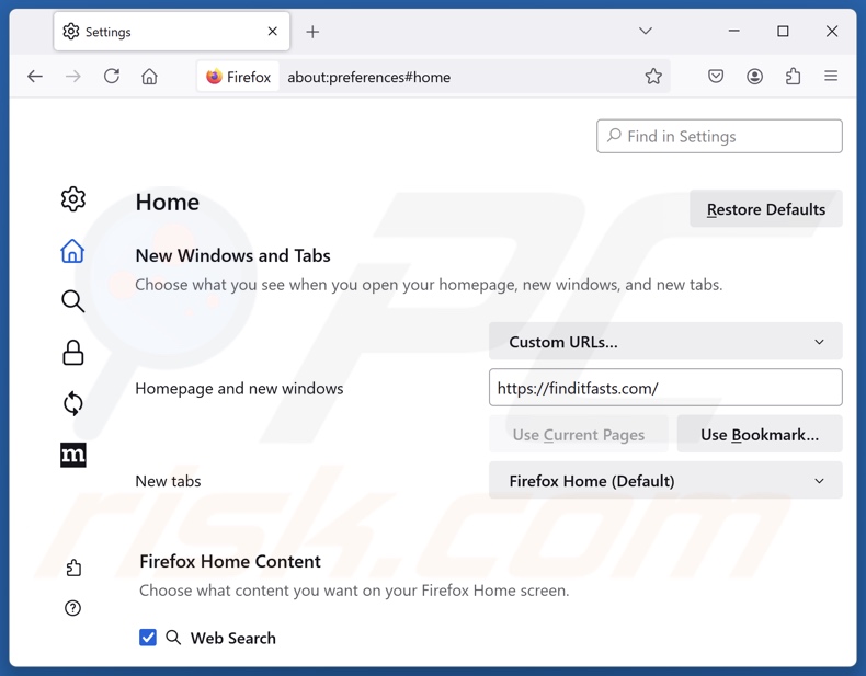 Usuwanie finditfasts.com ze strony głównej Mozilla Firefox