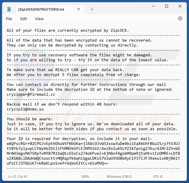 ZipLOCK ransomware plik tekstowy ([ZipLOCK]INSTRUCTIONS.txt)