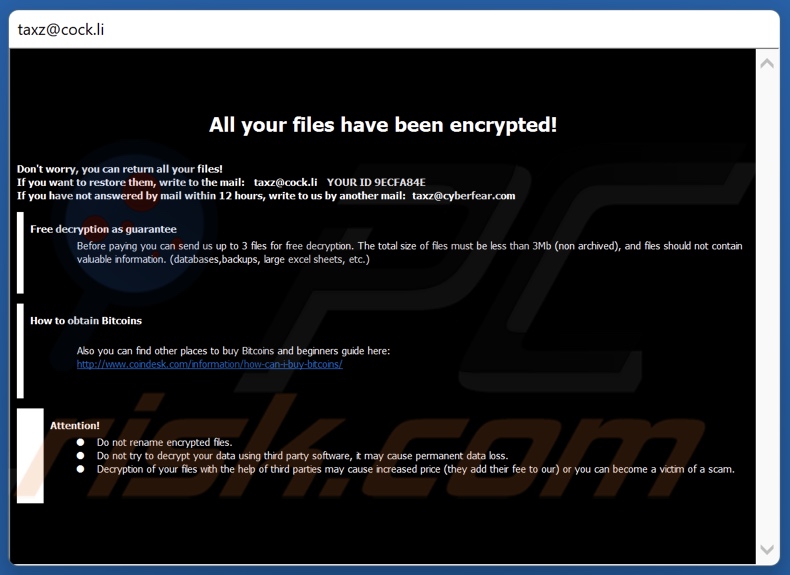 Ztax ransomware ransom note (pop-up)