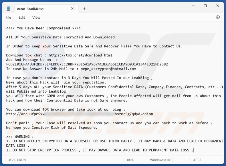 Arcus ransomware drugi wariant noty okupu (Arcus-ReadMe.txt)