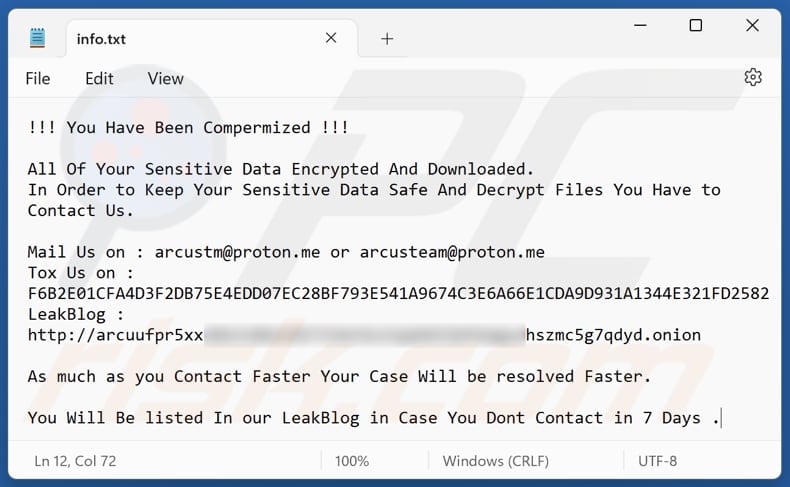 Arcus ransomware plik tekstowy (info.txt)