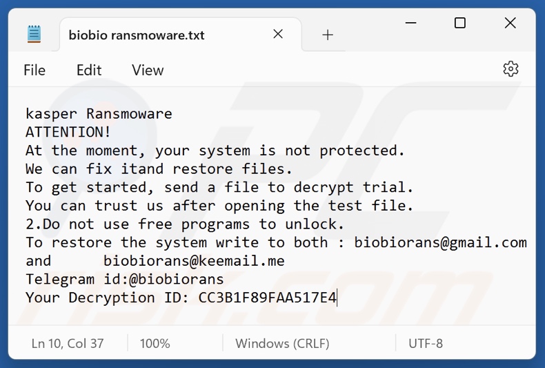 Biobio (Kasper) ransomware okup (biobio ransmoware.txt)