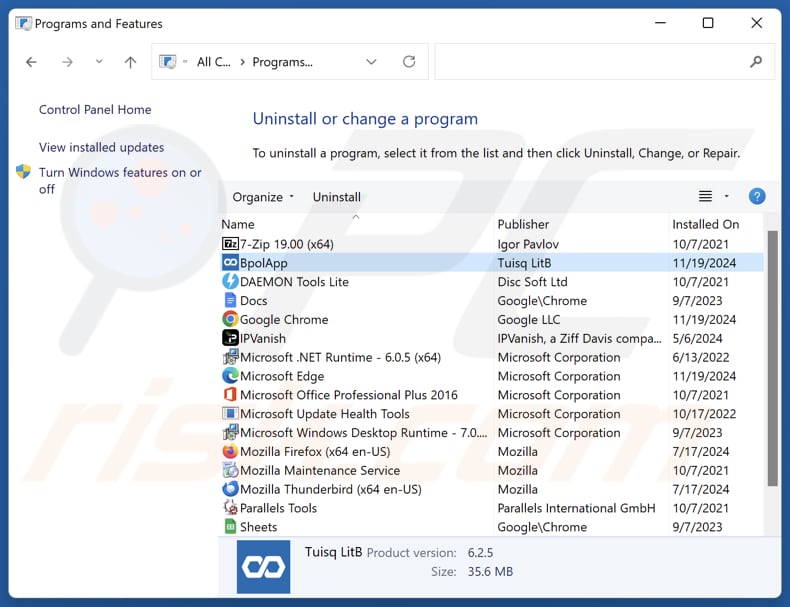 BpolApp Odinstaluj za pomocą Panelu sterowania