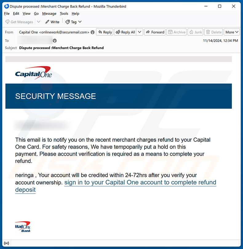 Capital One SECURITY MESSAGE email oszustwo (2024-11-19)