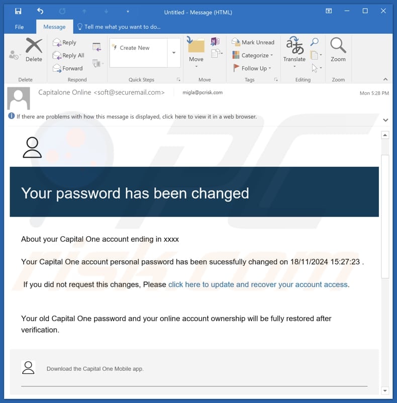 Capital One - Your Password Has Been Changed email kampania spamowa