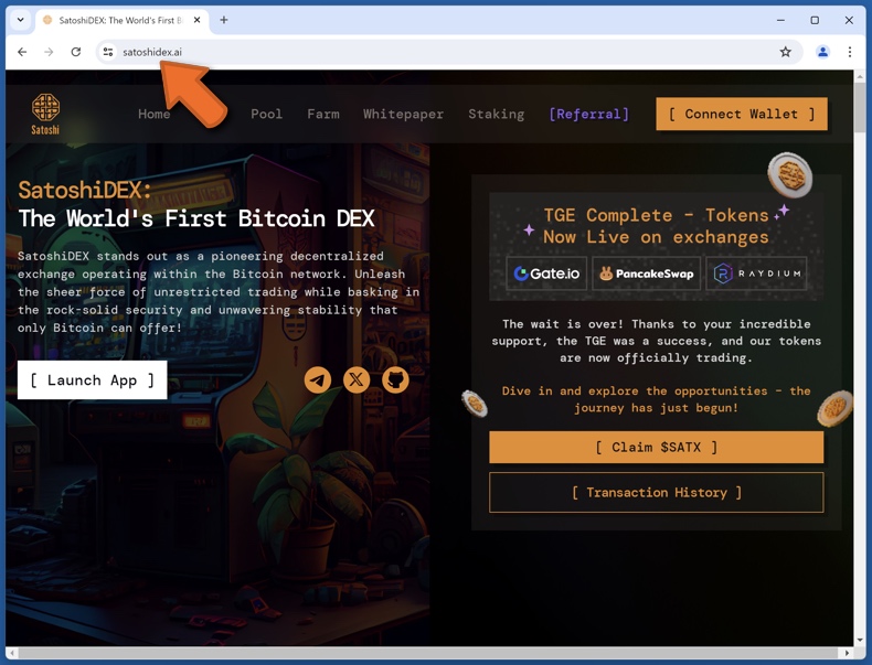 Wygląd prawdziwej strony internetowej SatoshiDEX (satoshidex.ai)