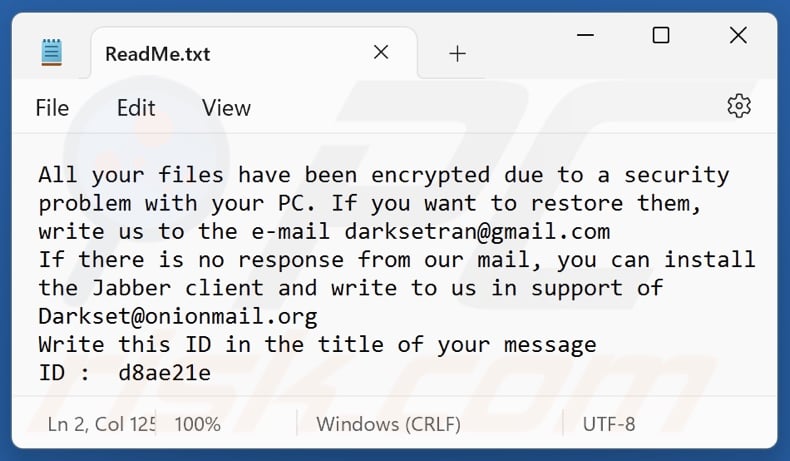 DARKSET ransomware okup (ReadMe.txt)