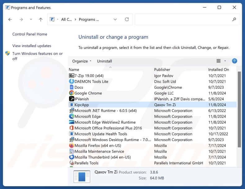 KipcApp Odinstaluj za pomocą Panelu sterowania