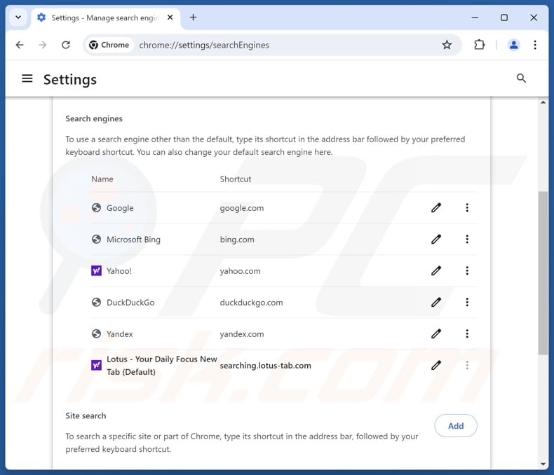 Usuwanie lotus-tab.com z domyślnej wyszukiwarki Google Chrome