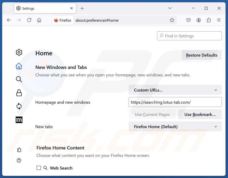 Usuwanie lotus-tab.com ze strony głównej Mozilla Firefox