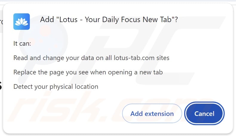 Lotus - Your Daily Focus New Tab porywacz przeglądarki proszący o uprawnienia