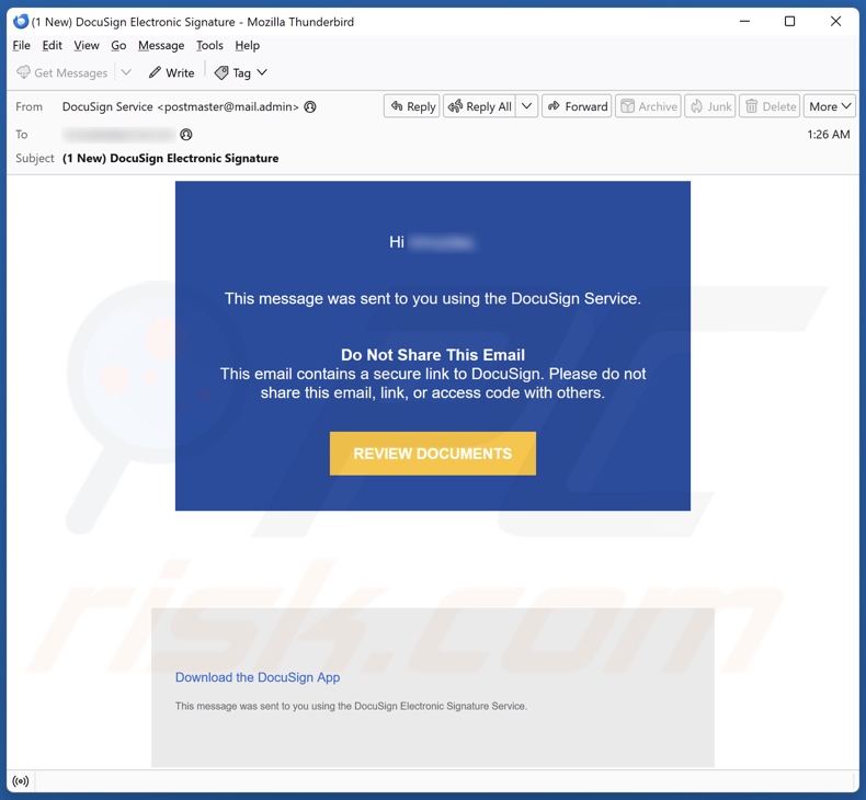 Message Sent Using DocuSign Service Kampania spamowa e-mail