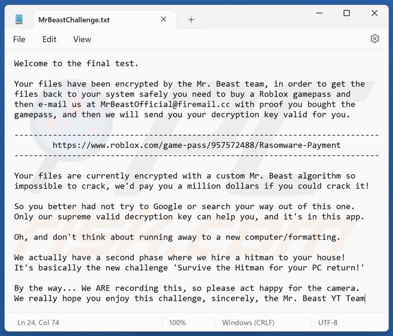 MrBeast ransomware plik tekstowy (MrBeastChallenge.txt)