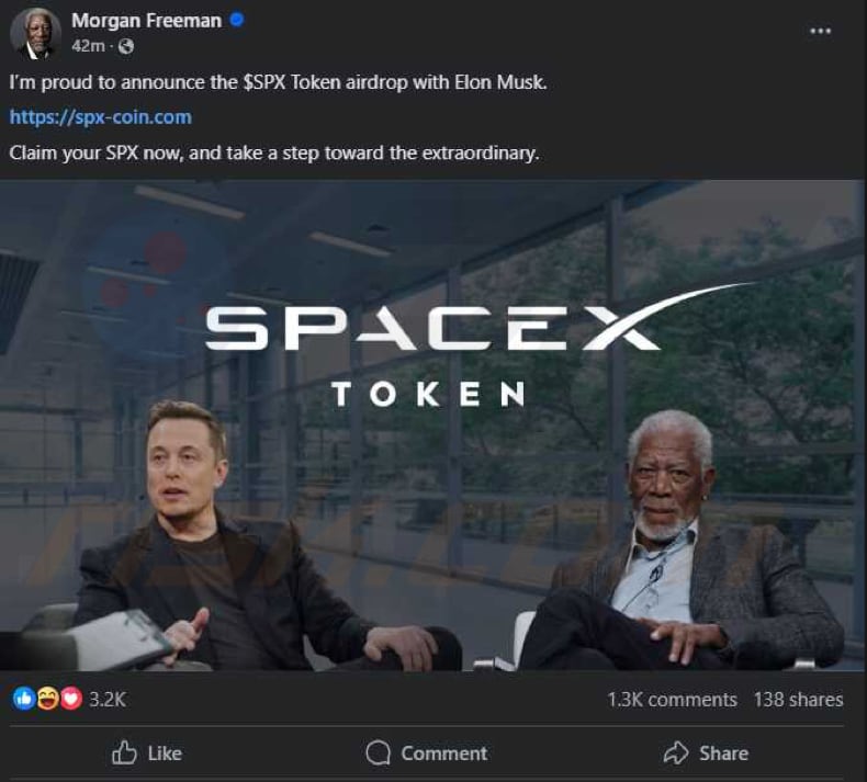 $SpaceX Coin Airdrop skradziony profil Morgana Freemana promujący oszustwo