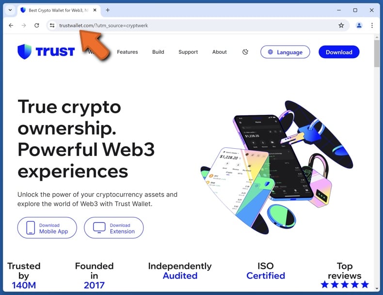 Wygląd prawdziwej strony internetowej Trust Wallet (trustwallet.com)