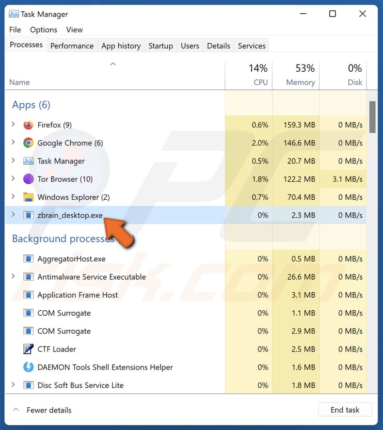 Violent_shark złośliwe rozszerzenie działające w menedżerze zadań jako zbrain_desktop.exe