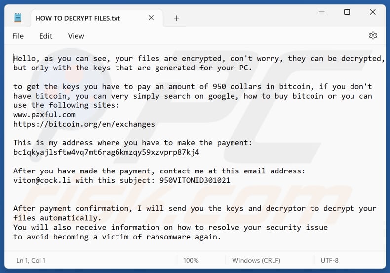 ViT ransomware plik tekstowy (HOW TO DECRYPT FILES.txt)