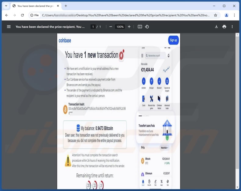 Coinbase - You Have 1 New Transaction Oszukańczy plik PDF używany w innych oszukańczych wiadomościach e-mail