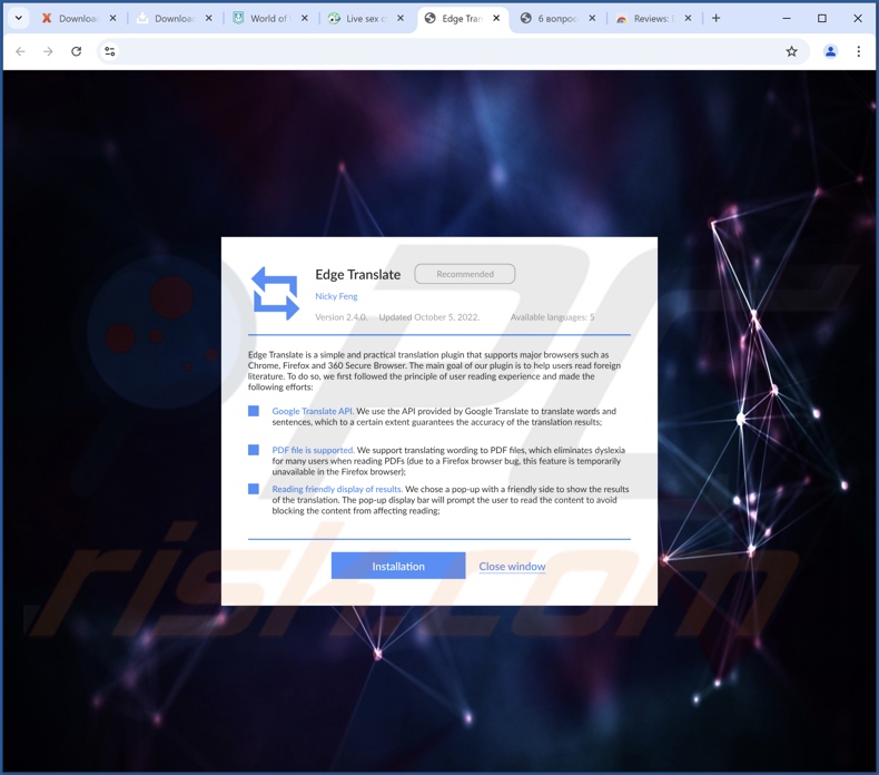 Witryna promująca adware Equalizer dla przeglądarki Chrome