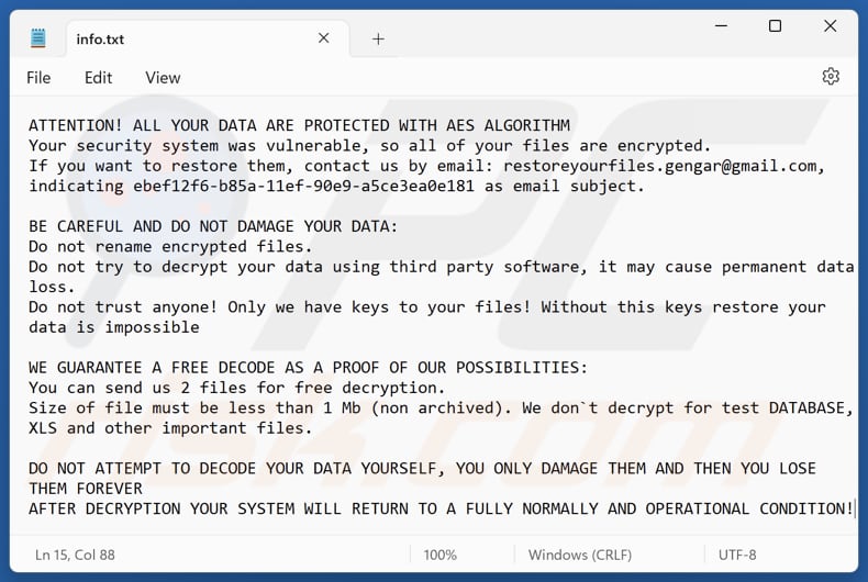 Gengar ransomware plik tekstowy (info.txt)